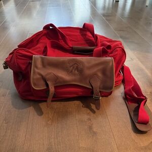 Marlboro Country Store Red Brown Canvas Leather Shoulder Travel Duffle Bag Plaid